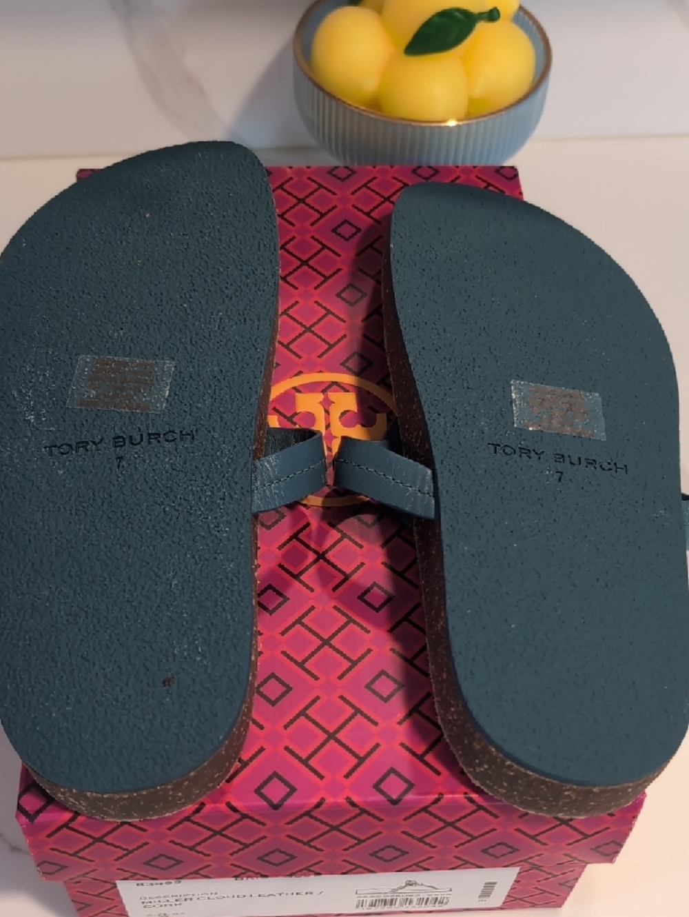 Tory Burch Brisk Blue Miller Cloud Leather Cork Thong Sandals Authentic - Picture 2 of 4